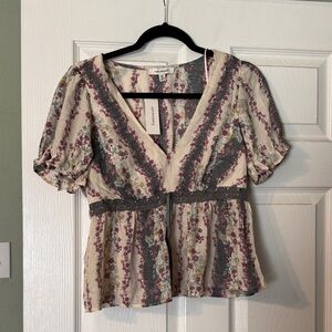 Francesca’s Striped Floral Blouse with Puff Sleeves